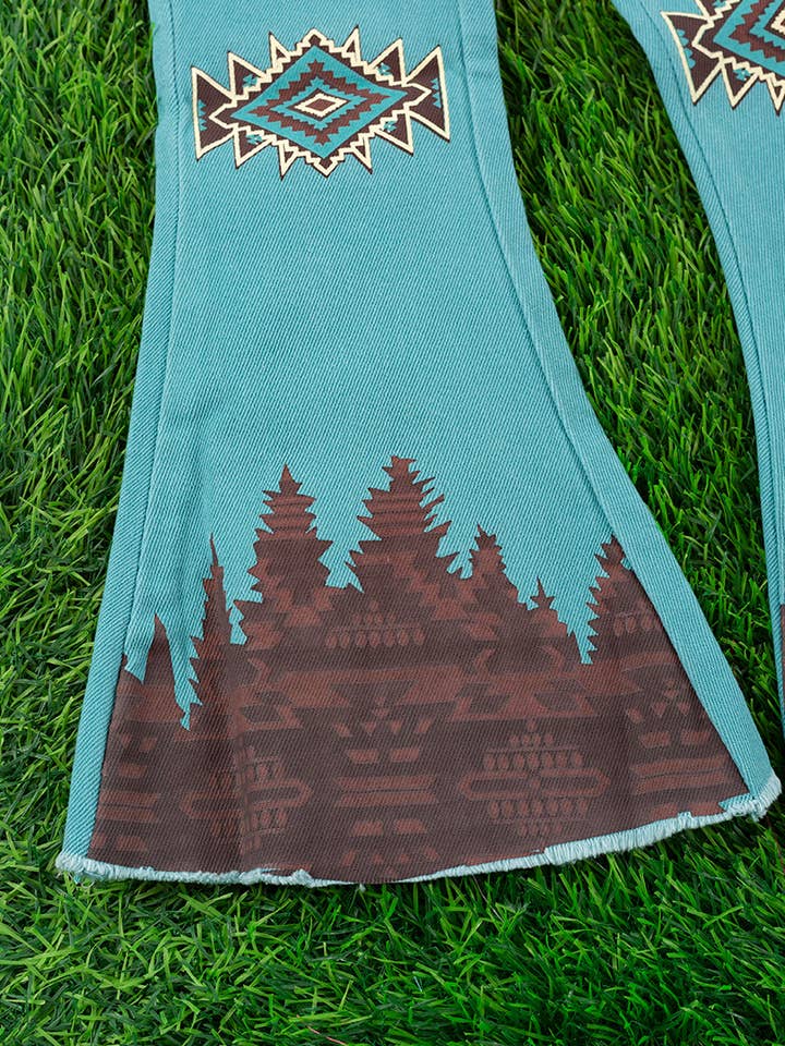 Kids Charm Online - Vente Jean – enfant - PANTALON EN JEAN BOOTCUT IMPRIMÉ AZTÈQUE BLEU SARCELLE. PNG65153059-SOL1