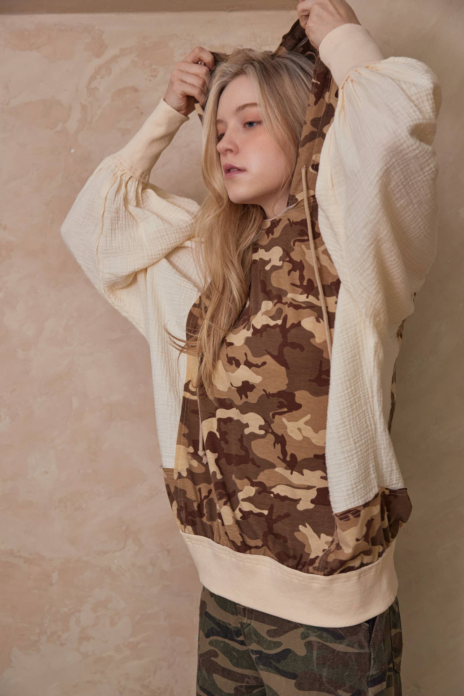 Brown Camo Camouflage Hoodie Top with Balloon Sleeves for wholesale on Faire2