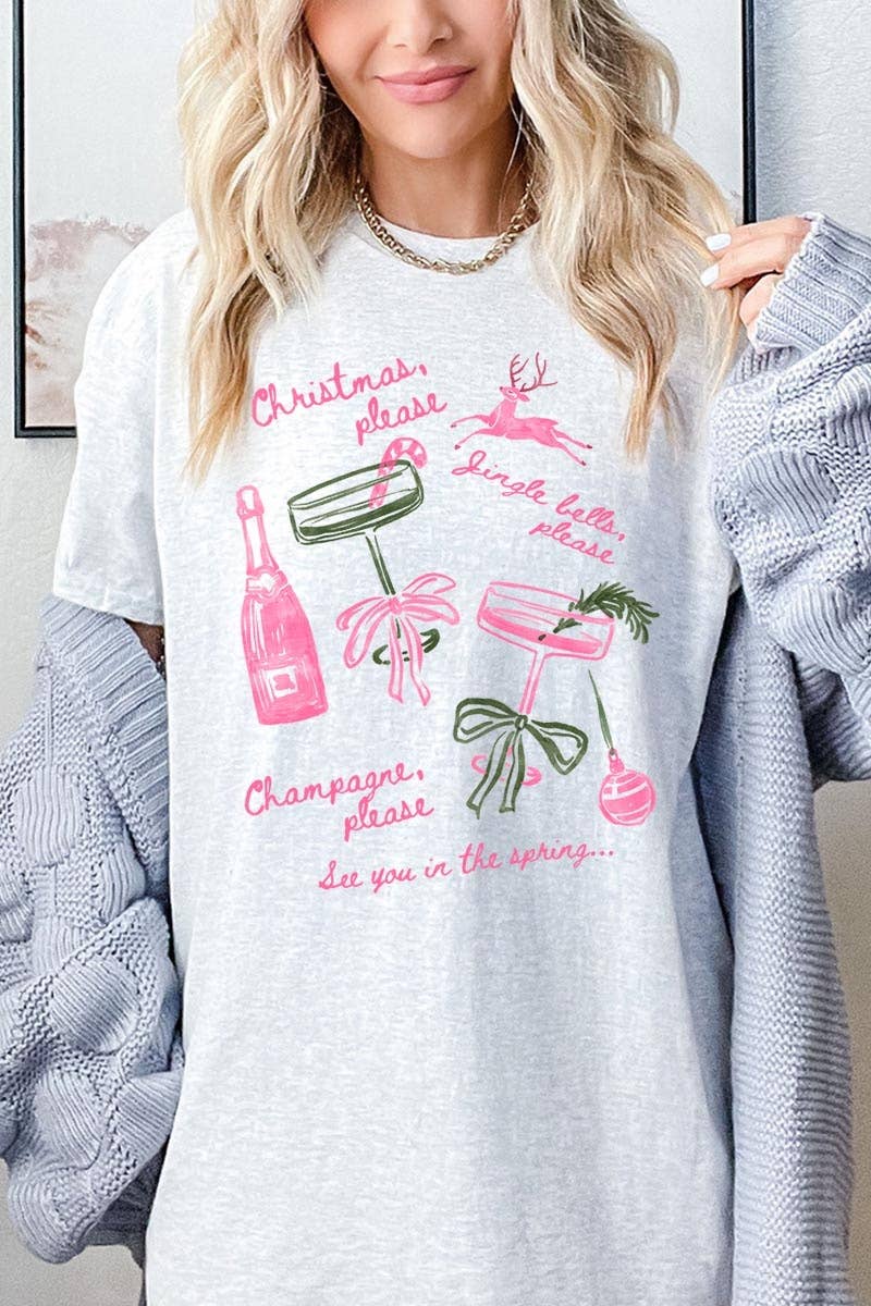 COLORBEAR – T-shirt gráfica - Mulher por atacado – T-shirt de Algodão Pesado com Gráfico de Champanhe de Natal1