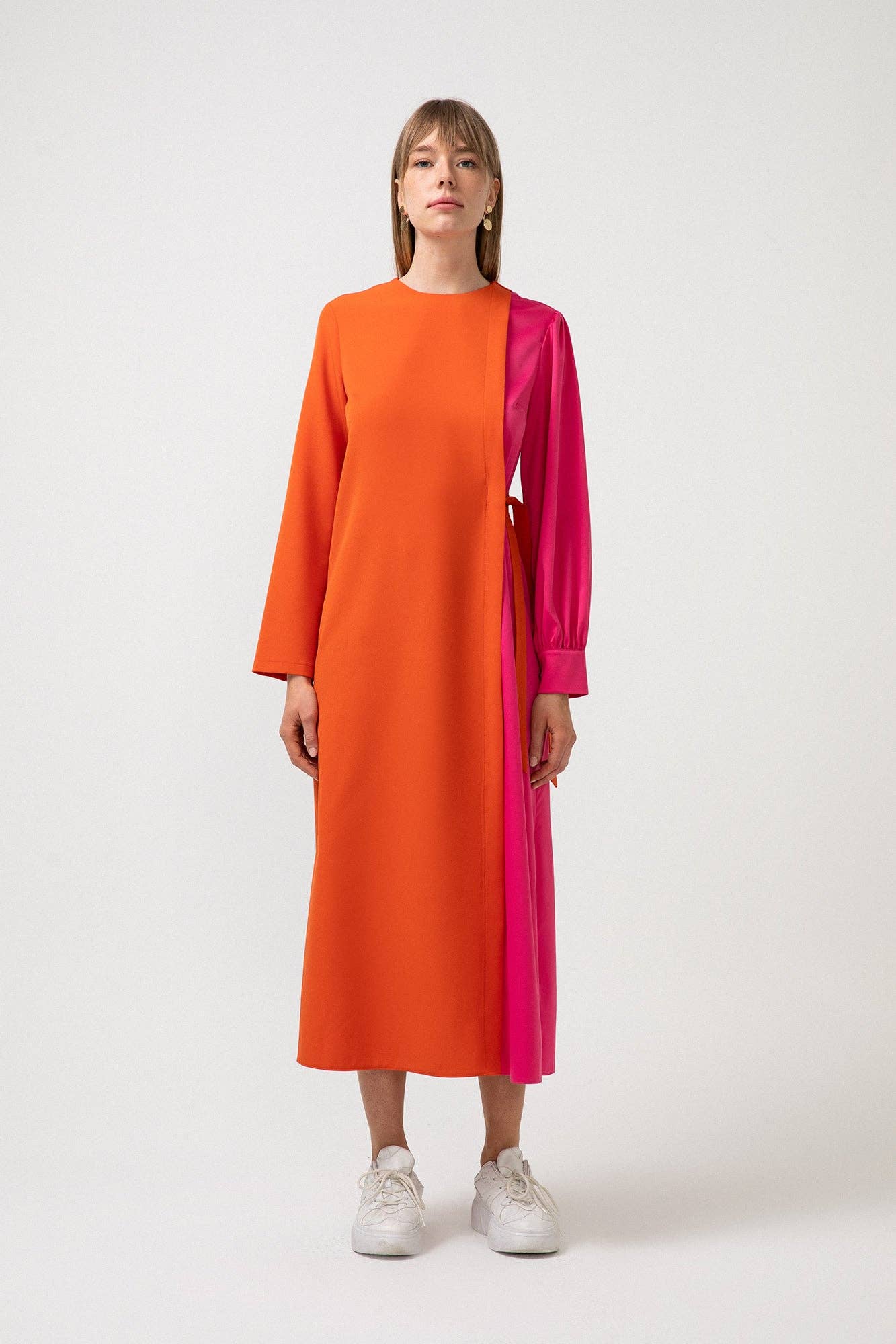 Orange COLORBLOCK SIDE-TIE LONG SLEEVE MAXI DRESS for wholesale on Faire8