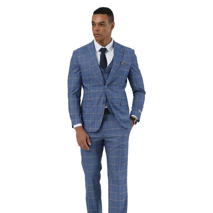 Stacy Adams Plaid Textured 3pc Suit Set, Blue for wholesale by Suits America