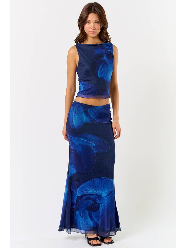 Blue BS113 FLORAL PRINTED MESH TOP W/ MIDI SKIRT SET for wholesale on Faire