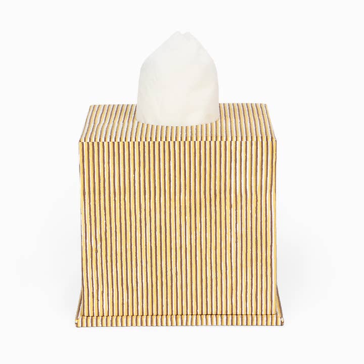 SCREEN-PRINTED SQUARE TISSUE BOX - YELLOW-MAROON PINSTRIPE for wholesale by Craft Boat