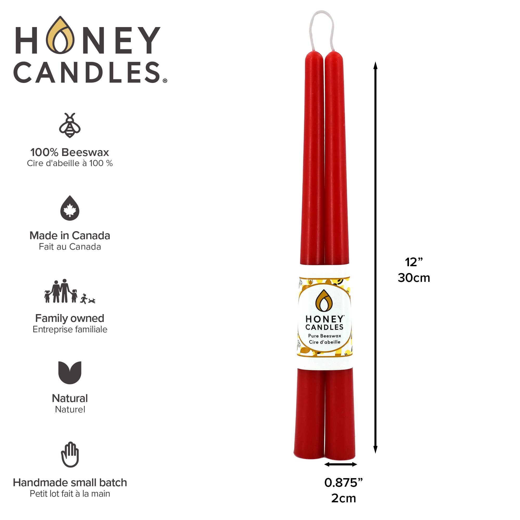 Honey Candles - Wholesale Tapered Candle/Candlestick - Beeswax Candlesticks 12" Taper Pair- Red1