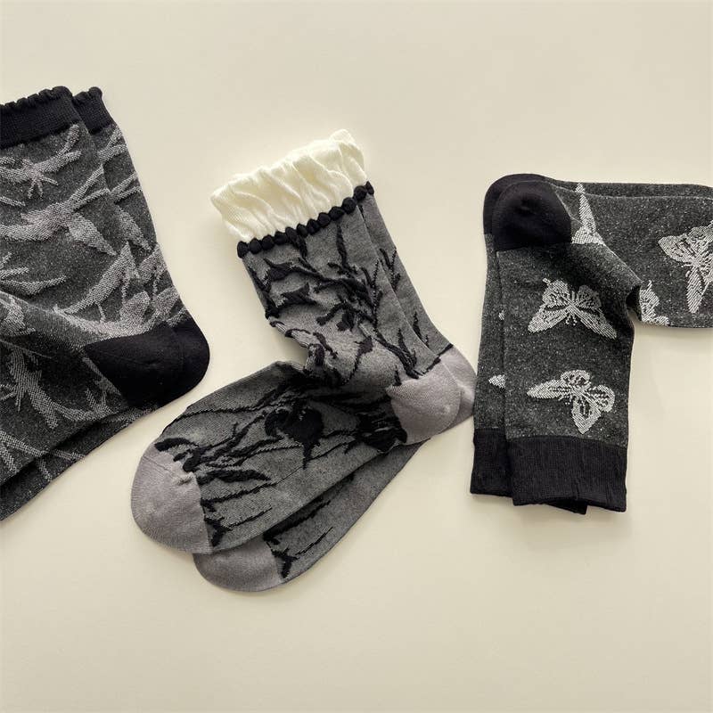 Tourtiwi – wholesale Socks – Women's – Artful Grey Crew Socks - Bird, Butterfly & Botanical Motifs7