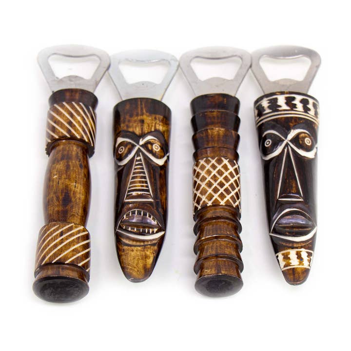 Afrikansk öppnare för flaskor i ben, Tiki blandade mönster för wholesale av Global Crafts
