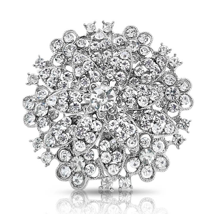 Silvertone & Rhinestone Studded Winter Flower Brooch Pin for wholesale by BESHEEK JEWELRY