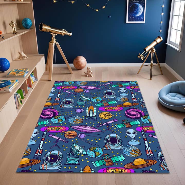 Tappeto Galassia per Bambini con Stampa di UFO, Alieni, Meteore, Astronauta per la vendita all'ingrosso da parte di Rugendary Trade LLC