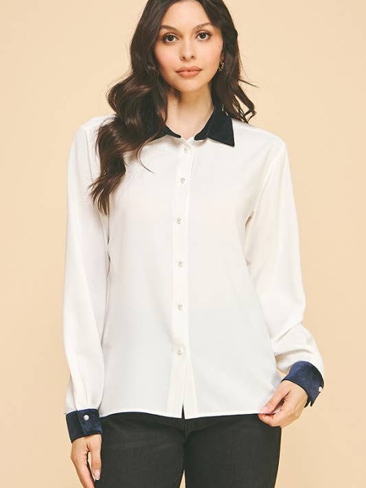 Chemise en crêpe avec col et poignets contrastés en velours pour la vente par MintChoco