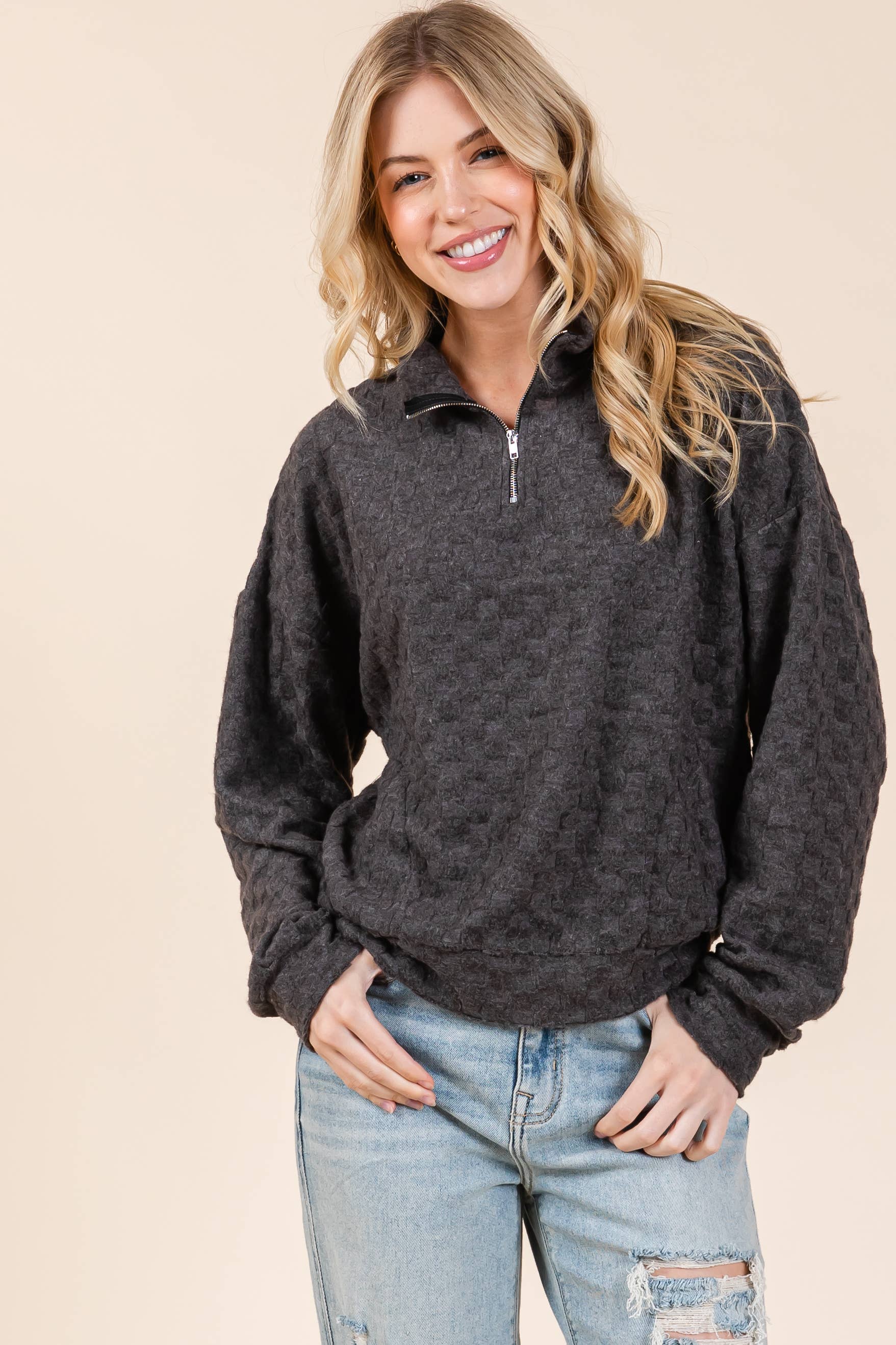 BOMBOM - Wholesale Sweatshirt - Women's - TL1997 FUZZY CHECKERED 1/4 ZIP TOP 7