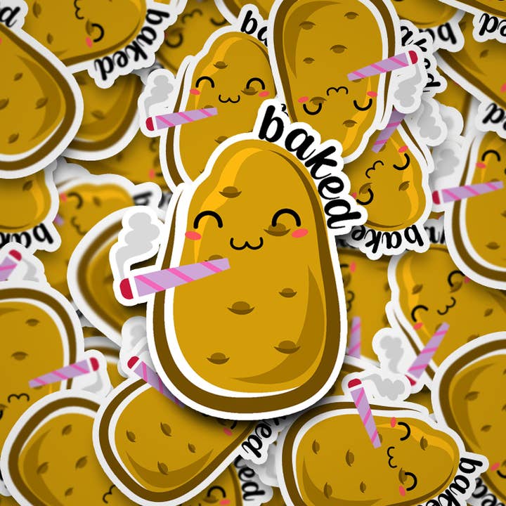 Zombie Mama Press - Wholesale Sticker - Baked Happy Potato Stoned Sticker | Stoned Potato Marijuana Weed Stickers | Water-Resistant Vinyl Sticker Paper | Funny Weed Stickers