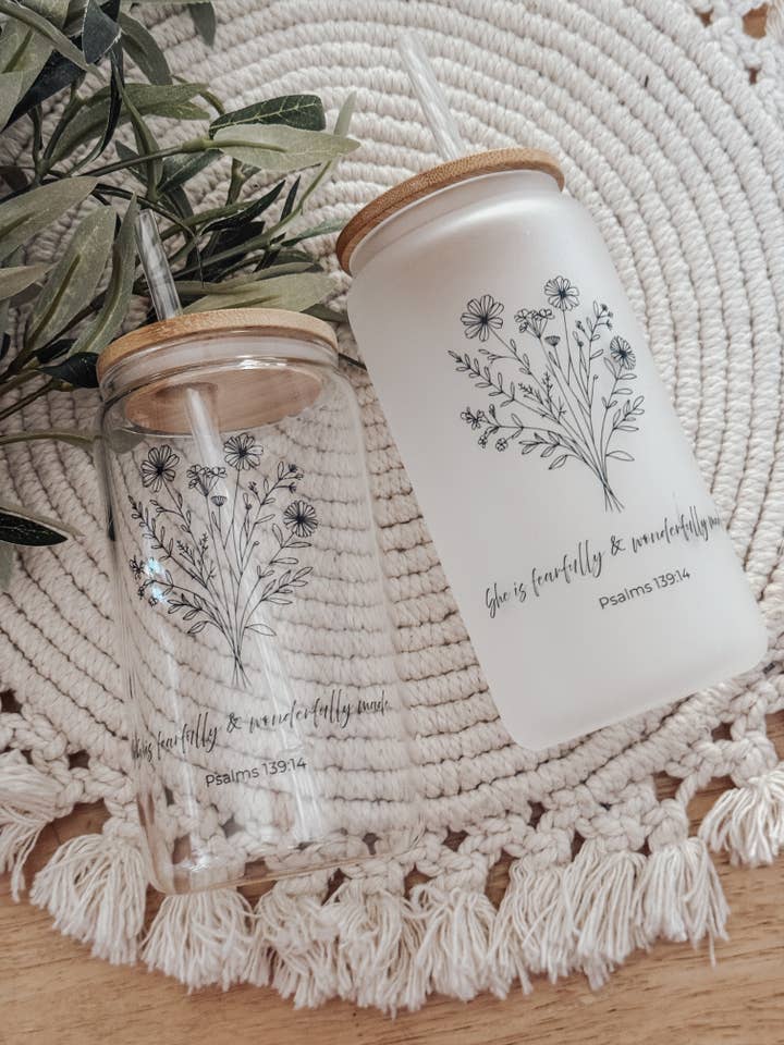 Psalms 139:14 16oz Glass Cup with Bamboo Lid for wholesale by Emma K Designs