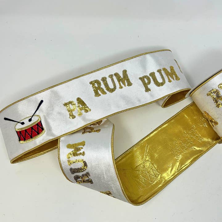 David Christopher's Collection - Wholesale Ribbon - Gift Wrapping - Pa Rum Pum Gold Sequin Drum on Ivory Velvet Ribbon 4” x 10yd1