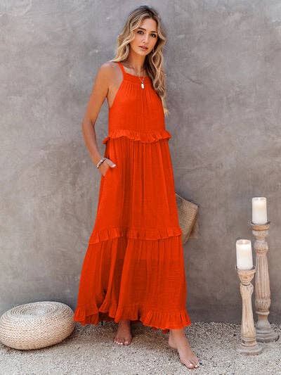 ClassiQ - Wholesale Dress - Women's - Ruffled Sleeveless Tiered Maxi Dress with Pockets18