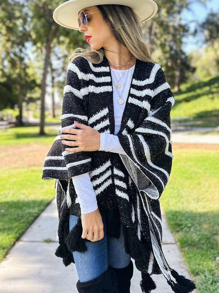 Black Western Textured Pattern With Chunky Tassel Cardigan for wholesale on Faire