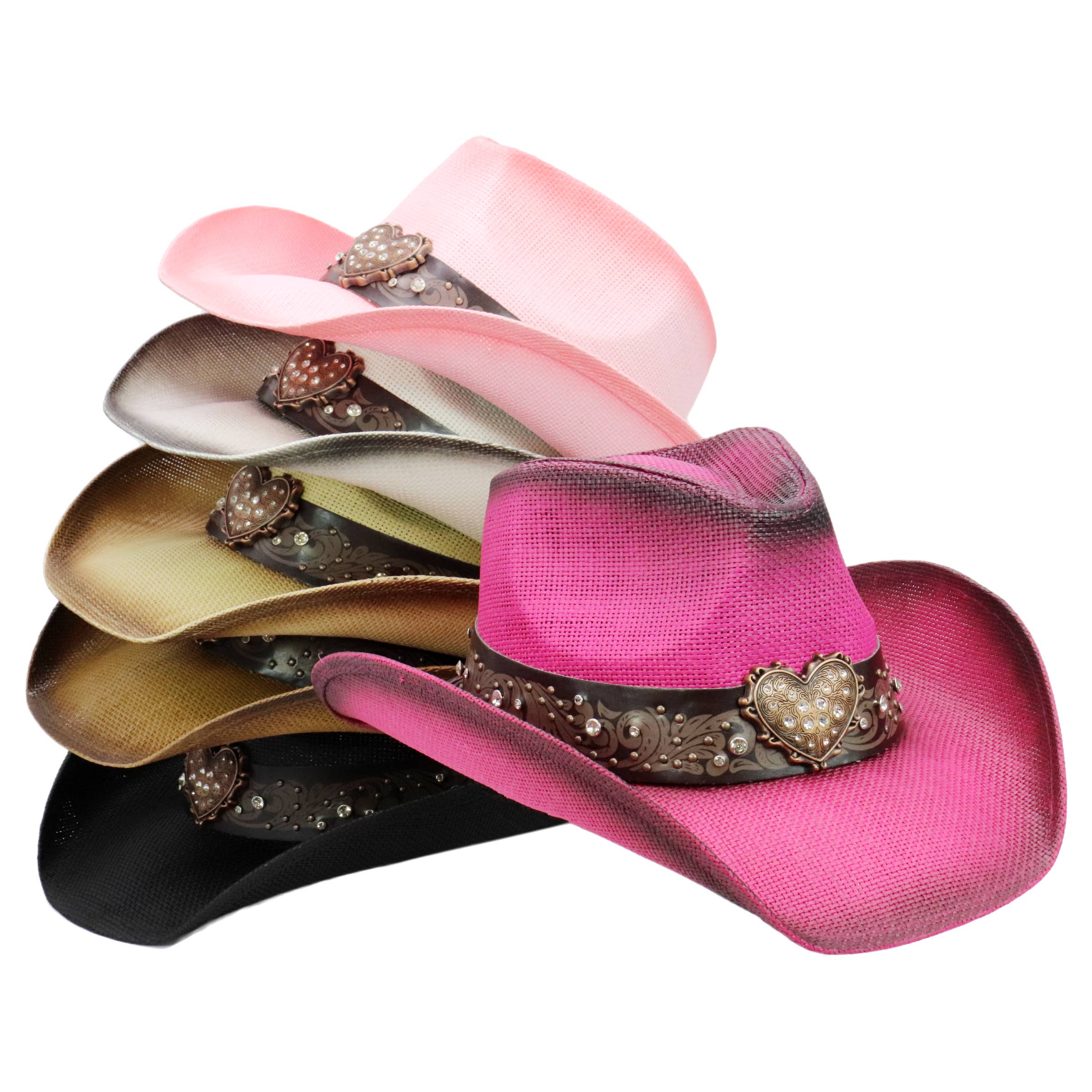 Cap Zone - Wholesale Cowboy Hat - Unisex - Heart Bling Rhinestone Belt Ombre Straw Cowboy Hat10
