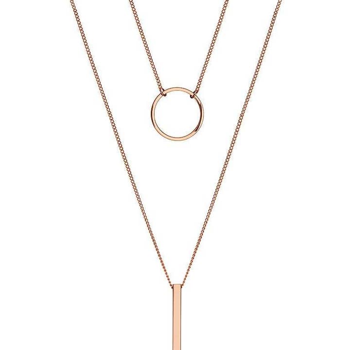 Rose Gold Plated Double Necklace with Circle and Rod for wholesale by Juulry