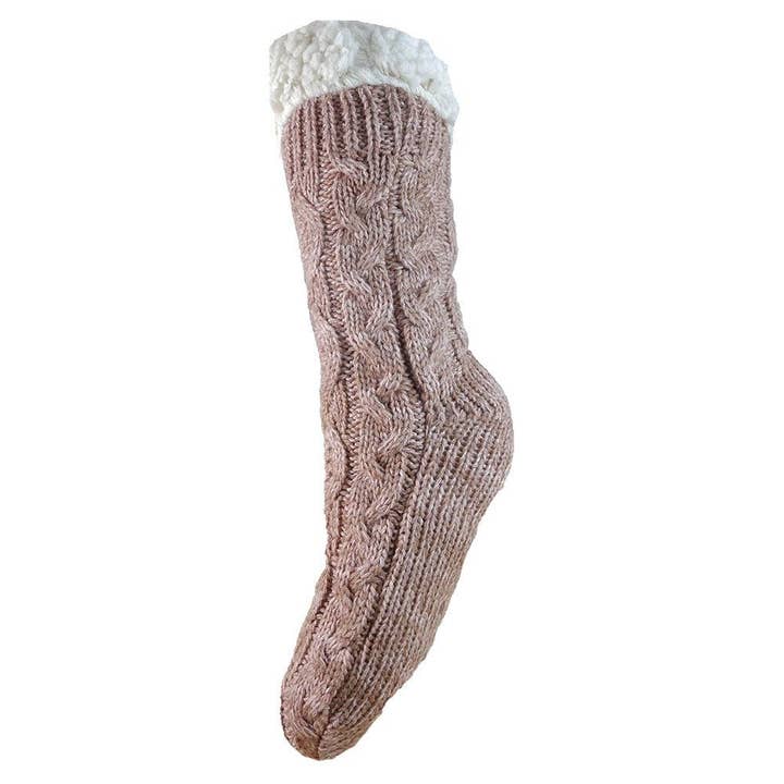 Pink fleece lined cable knit slipper socks for wholesale by GEMJAR LTD