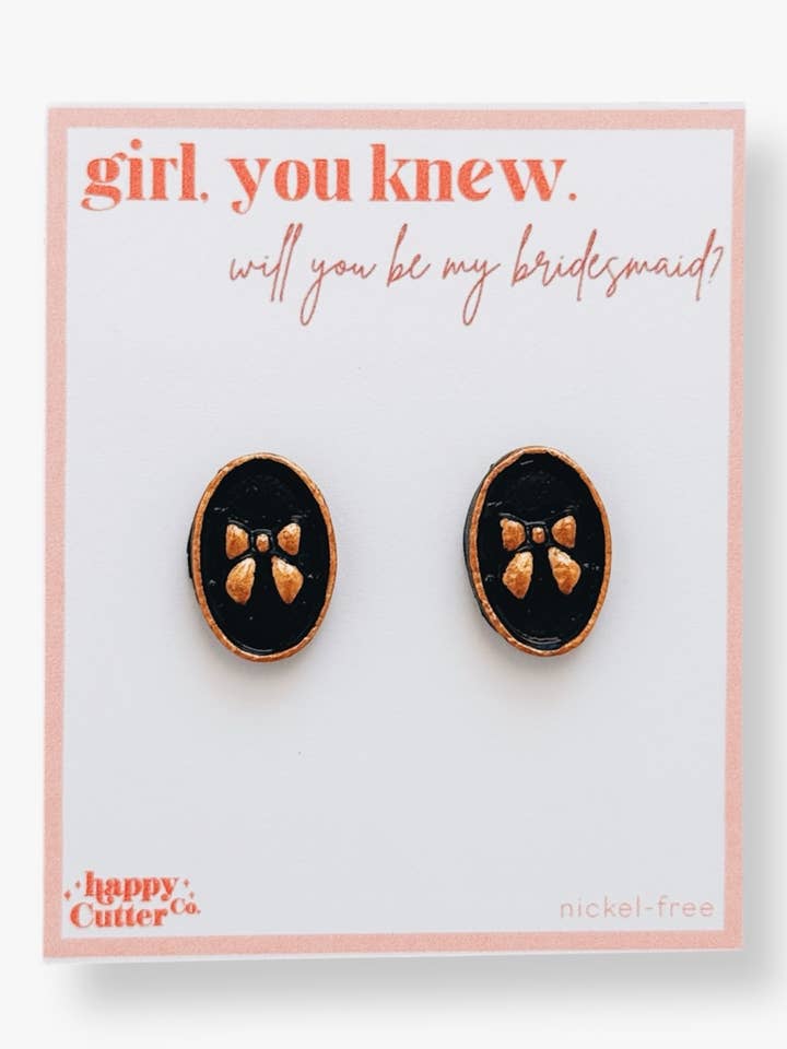 Black Gloss Coquette Bow Clay Earrings | Fun Bridesmaid Gift for wholesale by Happy Cutter Co