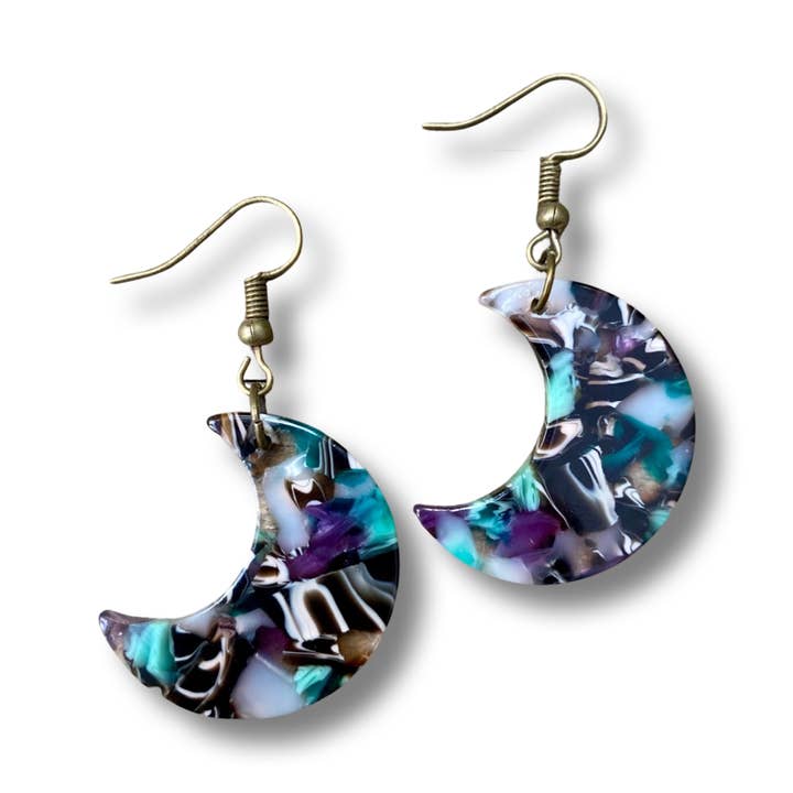 Purple Blue Crescent Moons Acrylic Acetate Earrings for wholesale by Kentucky Moon Designs