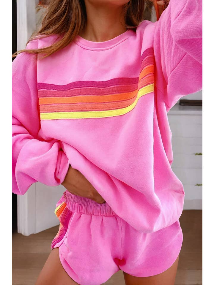 Little Daisy Closet - Wholesale Lounge Set - Women's - LDC Color Contrast Trim Long Sleeve Top and Shorts Set