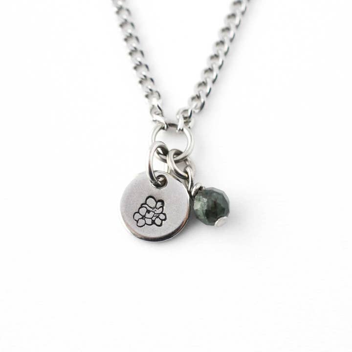 May Birthflower & Birthstone Necklace, Hawthorn & Emerald, Handmade Personalised Jewellery for wholesale by Little Gems Jewels