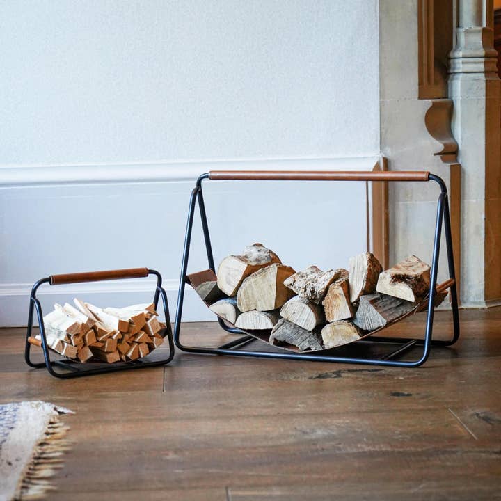 Contemporary Metal with Hanging Leather Log Holder, Black for wholesale by Ivyline