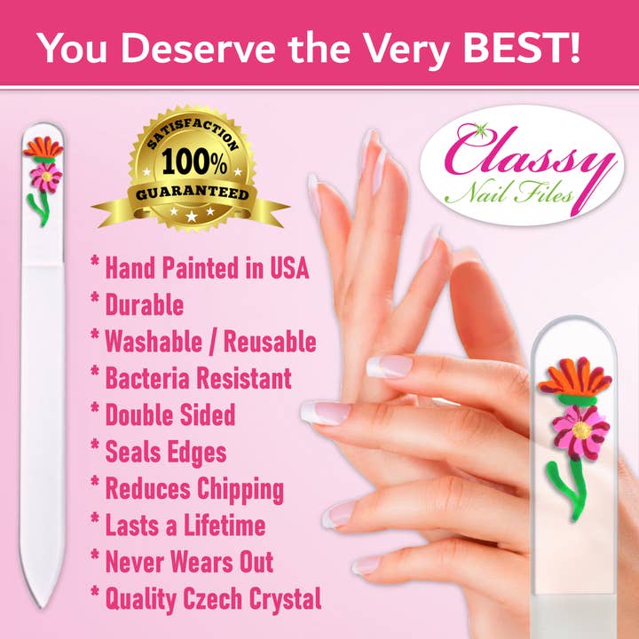 Classy Nail Files - Wholesale Nail File - Gerber Daisy Flower Hand Painted Czech Crystal Nail File