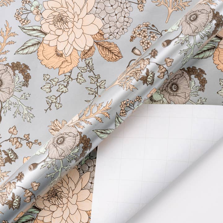 Wrapaholic Gifts & Packing Company - Wholesale Wrapping Paper Roll - Wrapping Paper -Vintage Floral Print on Silver Paper