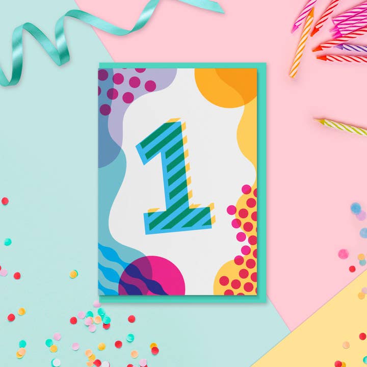 Age 1 Colourful Geometric Pattern Kids Birthday Card for wholesale by Jane Katherine Houghton Designs