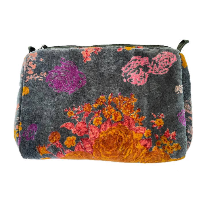 Rome Velvet Pouch Big Roses Charcoal for wholesale by Little Journeys Chicago
