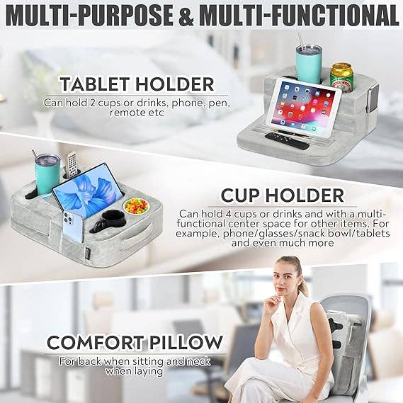 TabCouchCaddy - Vente Rangements de bureau - TabCouchCaddy - Plateau porte-gobelets pour canapé et coussin support tablette (gris)2