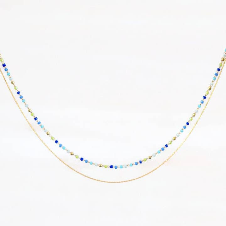 Short double necklace, ultra-fine, elegant/designer jewelry/gold plated chain, Japanese glass beads/handmade for wholesale by Atelier Vivienne