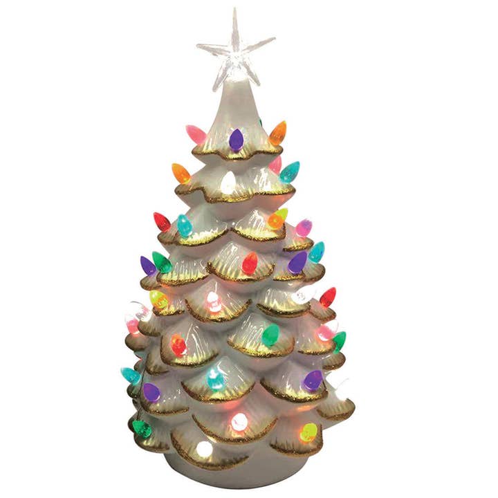 Santa’s Workshop Inc. - Wholesale Christmas Decoration - 14" Lighted White Ceramic Tree with Gold Tips