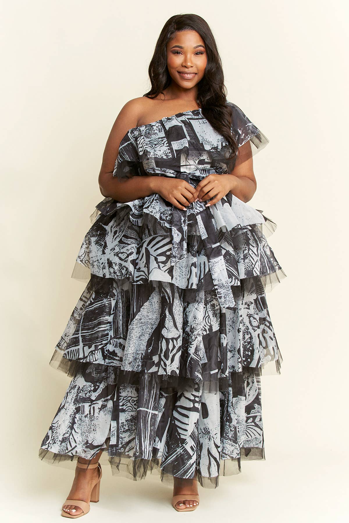 Namatt Design - Wholesale Top & Skirt Set - Women's - Plus One-Shoulder Ruffle Top & Maxi Ruffle Skirt Set7