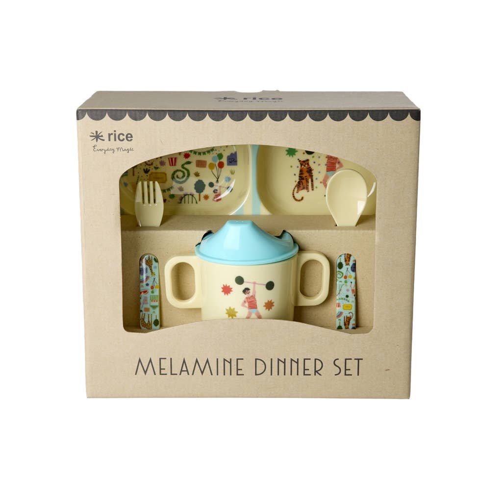 RicebyRice - Wholesale Dinnerware Set - Kids & Baby - Melamine Baby Dinner Set in Gift Box - Fun Fair Print - Mint - 4 pcs