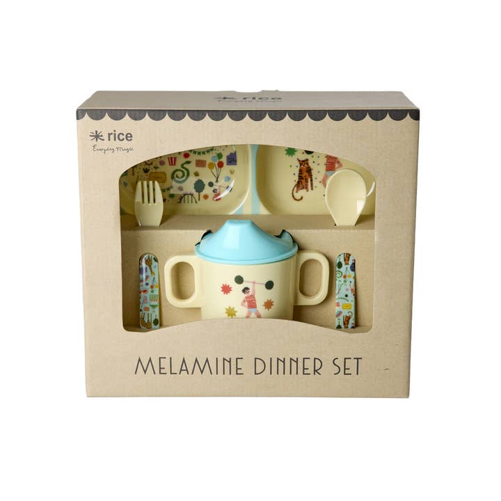 RicebyRice - Wholesale Dinnerware Set - Kids & Baby - Melamine Baby Dinner Set in Gift Box - Fun Fair Print - Mint - 4 pcs - PRE ORDER NOW; SHIPS EARLY APRIL
