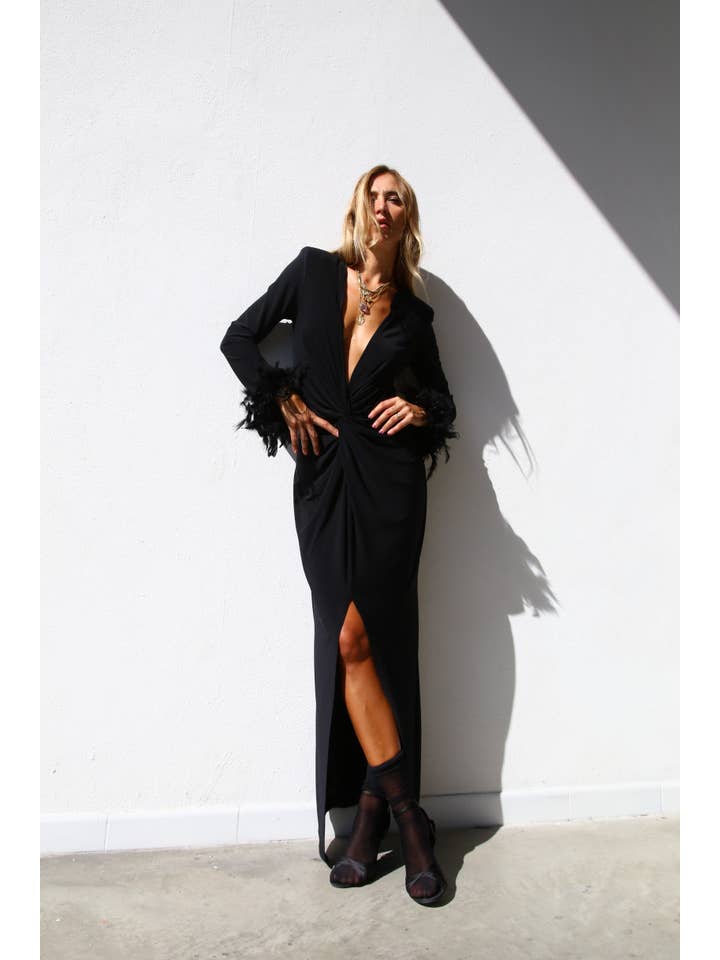 Sable LONG BLACK MICROFIBER KNOT DRESS for wholesale on Faire5