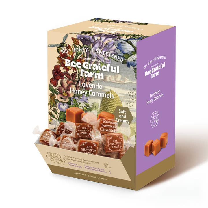 Grab N Go Box - Lavender- 2#- 80 Pieces for wholesale by Bee Grateful Farm's 100% Honey Sweetened Caramels
