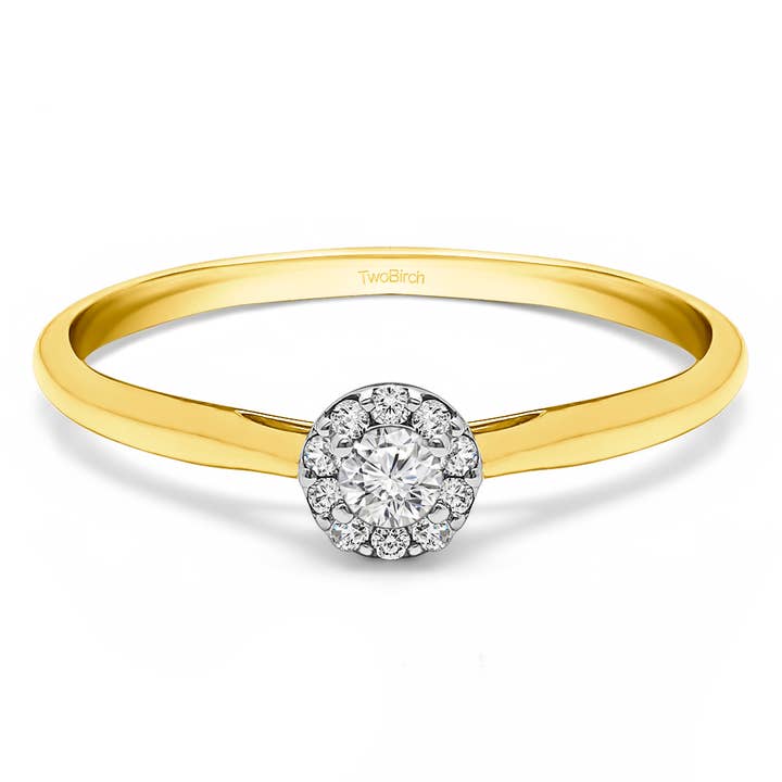 0,15 ct. Runder Solitär mit Heiligenschein aus zweifarbigem Gold für den Großhandel von TwoBirch