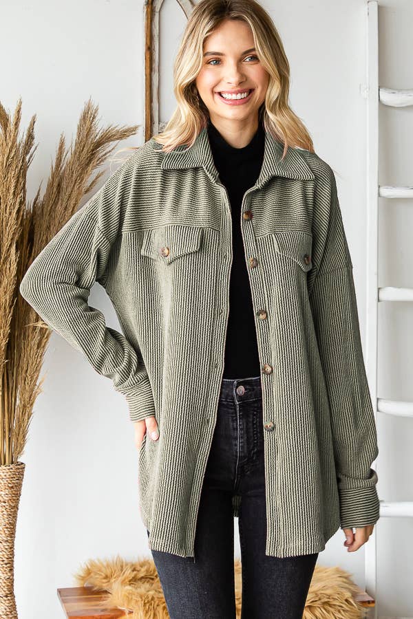 7th Ray - Wholesale Button Down Shirt - Women's - Rib Drop Shoulder Patch Pockets Button Down Shacket T48069