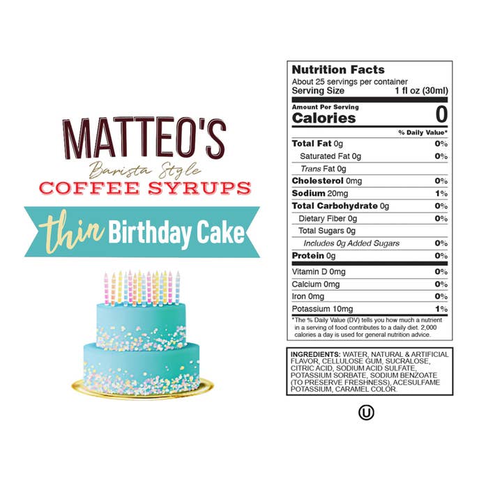 Matteo's - Wholesale Flavored Syrup - Sugar Free Coffee Syrup, Birthday Cake