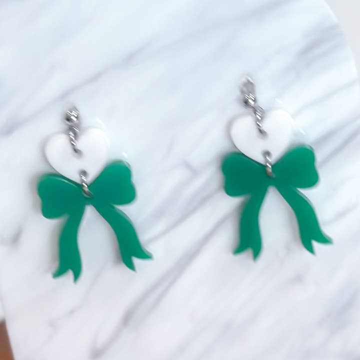 Heart Bow School Spirit Dangles White/Green for wholesale by Mud & Honey