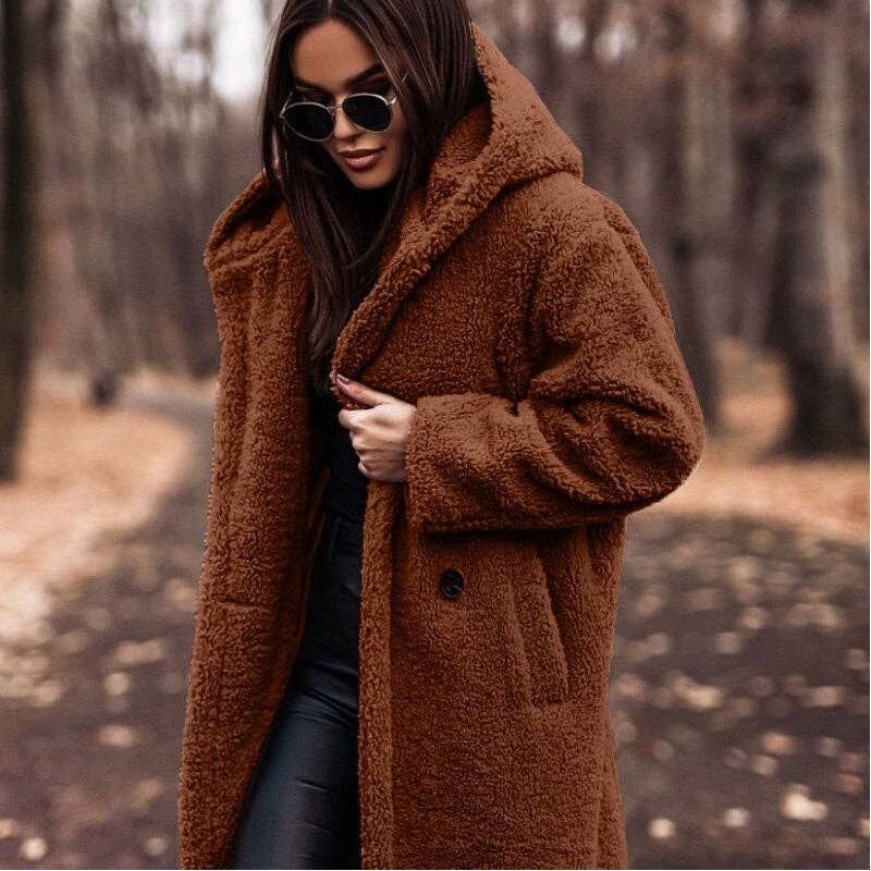 FurDecoration - Vente Manteau en fourrure/fausse fourrure – femme - Manteau long à capuche en peluche uni tendance5