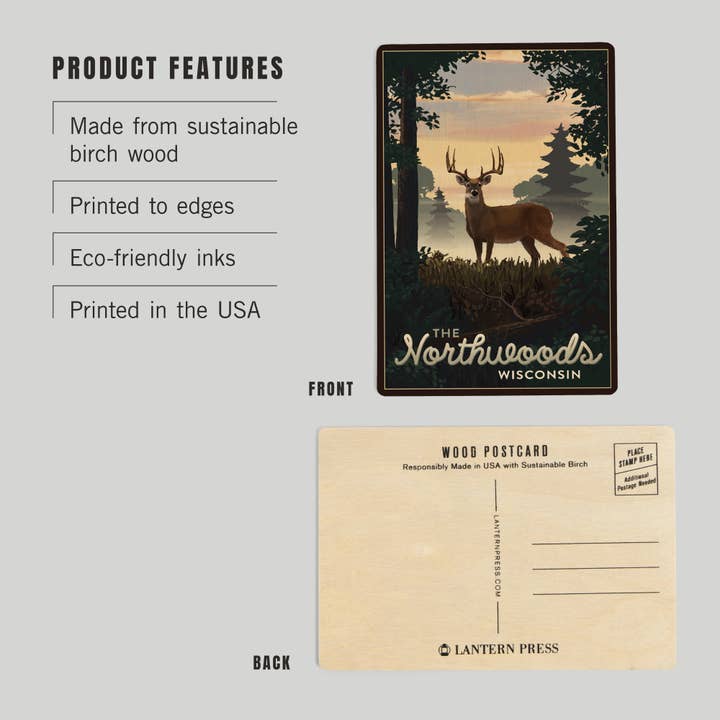 Lantern Press - Venta al por mayor Tarjeta postal - POSTAL DE MADERA Northwoods, Wisconsin, Deer & Sunrise2