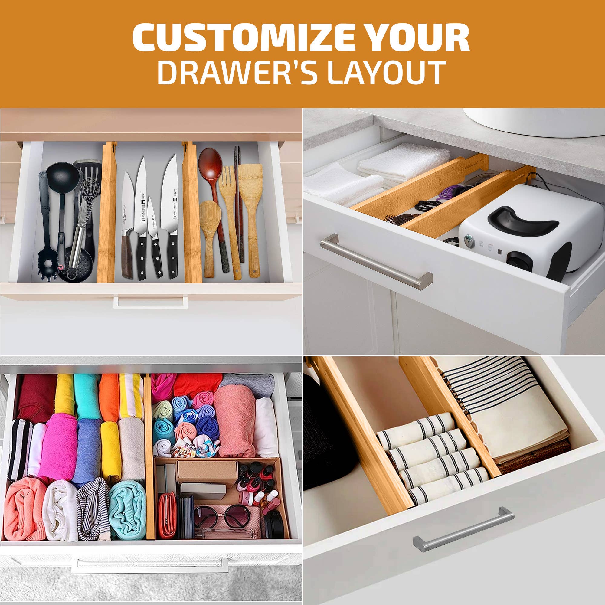 Bambusi – Großhandel Schubladen-Organizer – Schubladenteiler aus Bambus, verstellbare Schubladenablage, 4er-Pack2