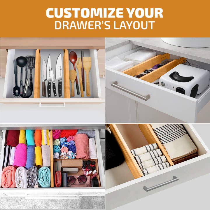 Bambusi – Großhandel Schubladen-Organizer – Schubladenteiler aus Bambus, verstellbare Schubladenablage, 4er-Pack2