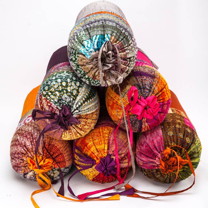 Colors By Padmini - Wholesale Throw/Decorative Pillow - Vintage Silk Kantha Bolster Pillow-Hand-Stitched Indian Sari