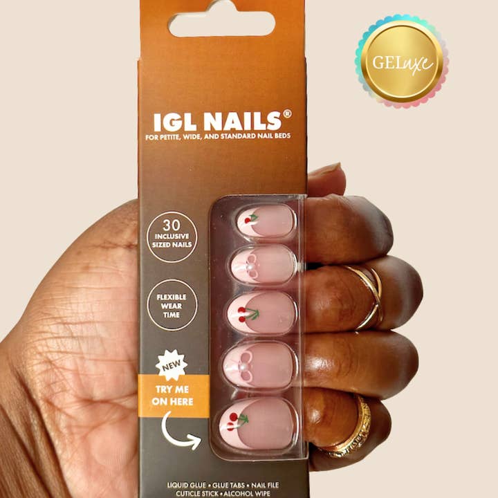 IGL Nails - Wholesale Press-On/Fake Nails - Cherry Geluxe™ Nails – Pink French Tip with 3D Pearl, Cherry & Bow Accents