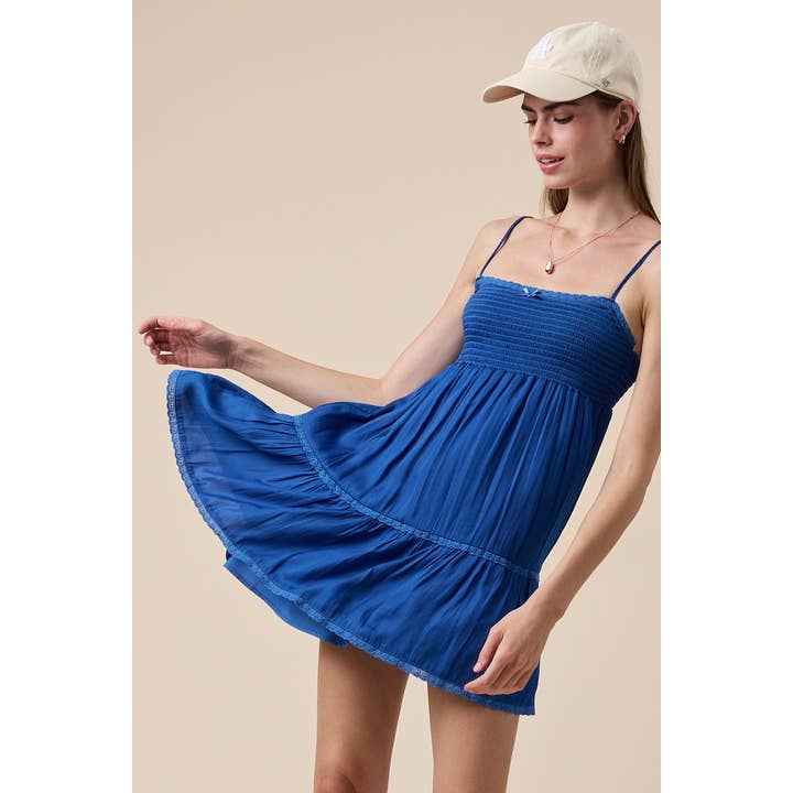 SOLID COLOR SMOCKED BUST LACE SWING MINI DRESS for wholesale by Sky to Moon